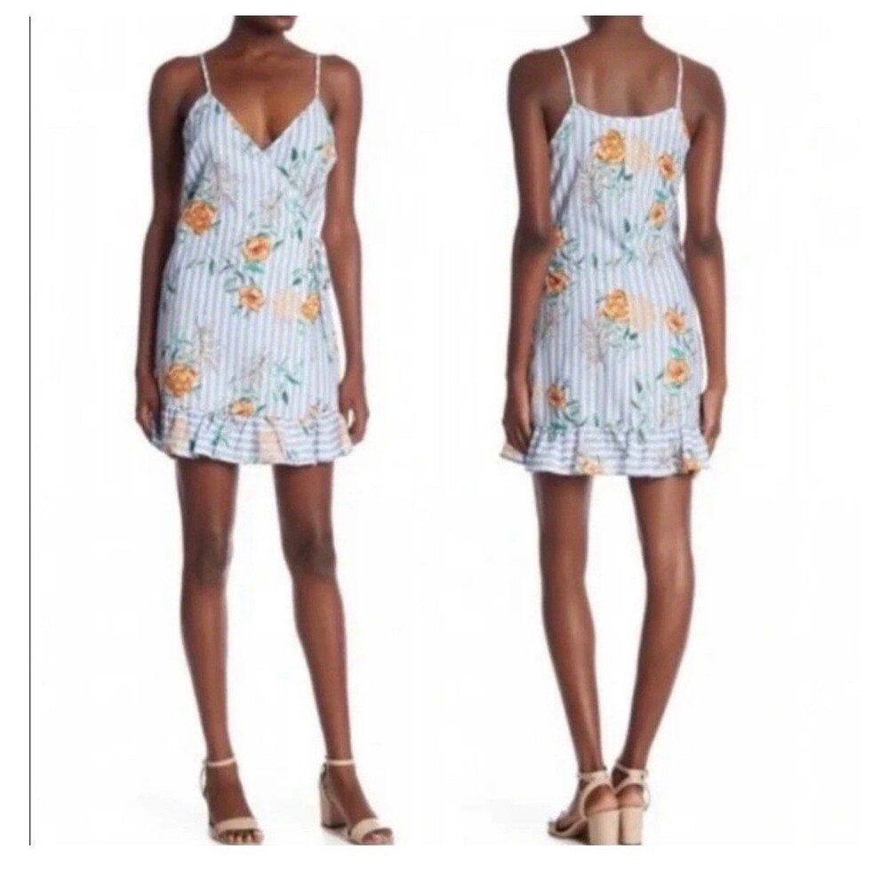 Everly Blue Floral and Stripes Ruffle Hem‎ Wrap Dress